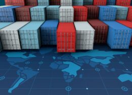 Container cargo ship in import export business logistic on digital world map, 3d rendering